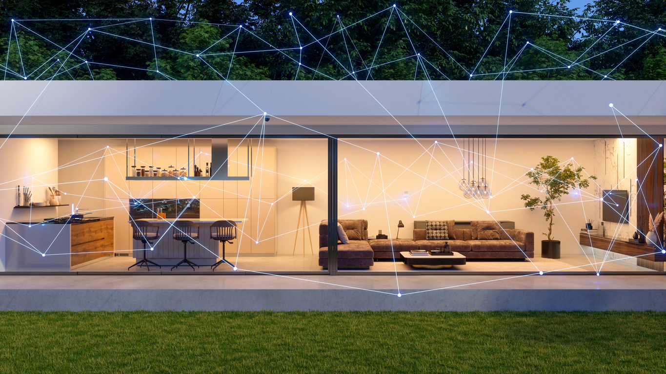 Modern Villa Exterior With Plexus. Smart Home Concept. Control With Mobile App And Technology Devices.