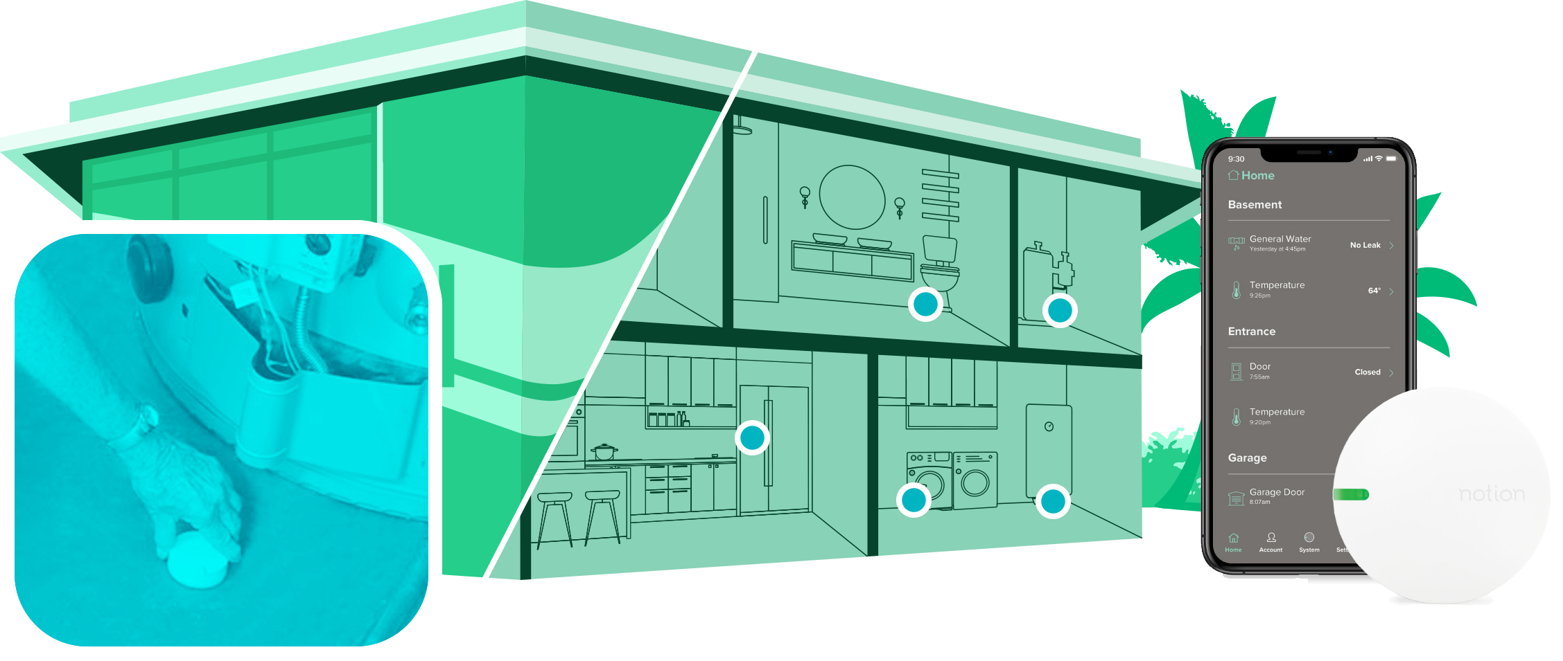 Sensor infographic with installation, sensor location, and phone alert